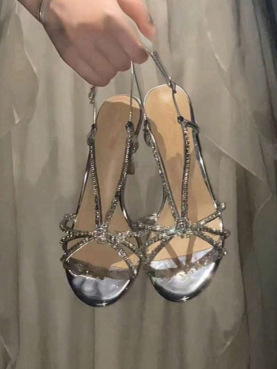 惊艳水晶凉鞋，优雅纤细性感银色高跟鞋，闪亮正式活动情人节