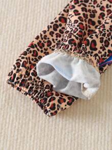 2 pezzi Set di giacca con colletto alto e chiusura lampo e pantaloni morbidi con coulisse a stampa leopardata per ragazze, novità primavera/autunno