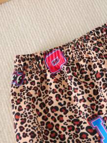 2 pezzi Set di giacca con colletto alto e chiusura lampo e pantaloni morbidi con coulisse a stampa leopardata per ragazze, novità primavera/autunno