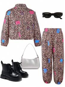 2 pezzi Set di giacca con colletto alto e chiusura lampo e pantaloni morbidi con coulisse a stampa leopardata per ragazze, novità primavera/autunno