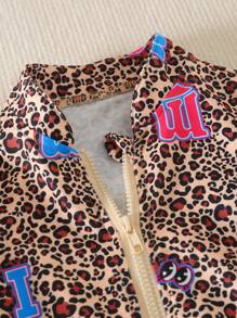 2 pezzi Set di giacca con colletto alto e chiusura lampo e pantaloni morbidi con coulisse a stampa leopardata per ragazze, novità primavera/autunno
