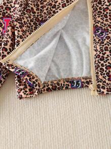 2 pezzi Set di giacca con colletto alto e chiusura lampo e pantaloni morbidi con coulisse a stampa leopardata per ragazze, novità primavera/autunno