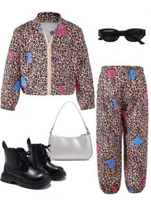 2 pezzi Set di giacca con colletto alto e chiusura lampo e pantaloni morbidi con coulisse a stampa leopardata per ragazze, novità primavera/autunno