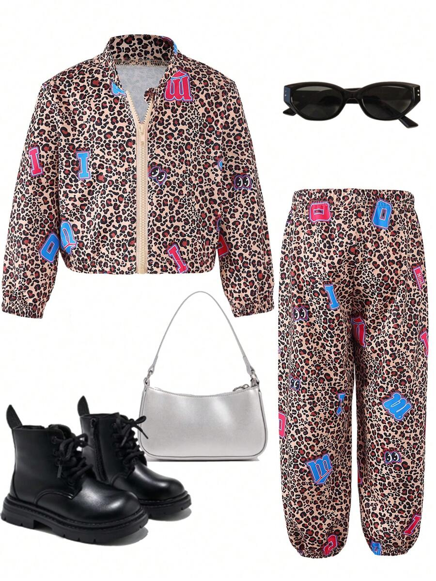 2 pezzi Set di giacca con colletto alto e chiusura lampo e pantaloni morbidi con coulisse a stampa leopardata per ragazze, novità primavera/autunno