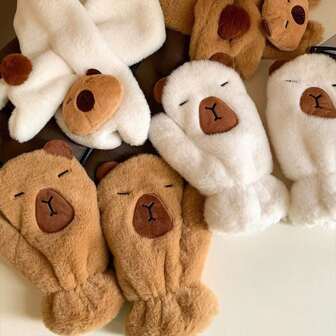Cute Capybara Plush Gloves For Women In Winter, Warm And Comfortable With Velvet, Hanging Neck, Cycling, Cold Proof, All Inclusive With Fingers (Some Accessories Come In Random Colors), Winter Gloves