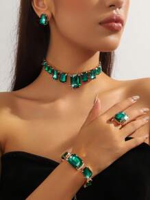 1 conjunto de colar de cristal geométrico de luxo feminino, brincos, pulseira e anel, cravejado de strass, conjunto de joias da moda, versátil para vestidos de noite - Conjunto de quatro peças de cristal geométrico - Ver 15