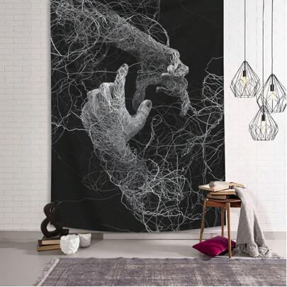 1pc Abstract Line Hand Print Wall Tapestry, Polyester Fabric Wall Hanging Decor For Living Room, Bedroom, Office, Kitchen, Party Decoration, Includes 3 Nails And 2 Clips