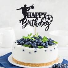 1 件足球蛋糕装饰生日快乐标志足球运动员蛋糕装饰运动主题男士生日派对用品 - 黑色 - 查看 2