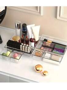 1/5/7/11/18件装透明抽屉收纳盒，7种尺寸美妆化妆品收纳盒，防滑塑料隔板，适用于化妆品、厨房用品、办公用品、家居收纳托盘、多功能浴室梳妆台托盘、珠宝盒、收纳袋、化妆刷架、香水收纳盒、化妆包，女士礼物、圣诞礼物、女士礼品创意、房间装饰 - 彩色 - 查看 7