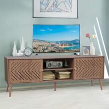 TV Stand With Shelf And Cabinet Storage 2 Sliding Doors For 60 70 Inch TV Walnut