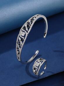 Bộ trang sức 2 chiếc vòng tay và nhẫn có thể điều chỉnh, với những viên đá Cubic Zirconia đầy màu sắc được lát thiết kế trang nhã, thích hợp làm quà tặng và trang phục hàng ngày cũng như lễ hội của các quý cô - màu vàng - Xem 3