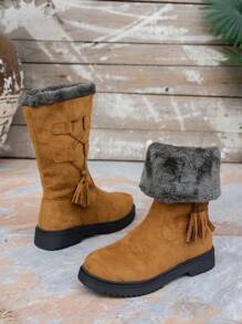 Bottes mi-mollet pour femmes à bout rond, plateforme, talon épais, avec lacets sur le côté, garniture en fausse fourrure à pompons et fermeture éclair latérale. Mode polyvalente pour le quotidien, le travail, les trajets, l'école, les festivals de musique, les fêtes de la bière, les soirées