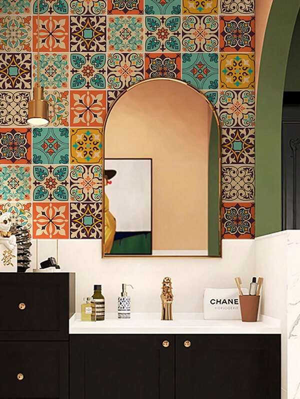30pcs/Set Bohemian Style Ceramic Tile Stickers, Removable & Waterproof Wall Decals For Living Room, Kitchen, Bedroom, 4x4 Inches Vinyl Wall Art Decor Gifts Birthday Graduation