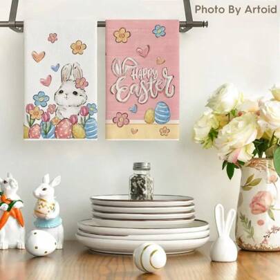 2 件，现代卡通兔子图案毛巾，防水、耐热、超柔软、防褪色，由 100% 涤纶纤维编织而成，16*24 英寸，适用于厨房、餐厅、派对和复活节装饰