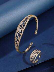 Bộ trang sức 2 chiếc vòng tay và nhẫn có thể điều chỉnh, với những viên đá Cubic Zirconia đầy màu sắc được lát thiết kế trang nhã, thích hợp làm quà tặng và trang phục hàng ngày cũng như lễ hội của các quý cô - màu vàng - Xem 8