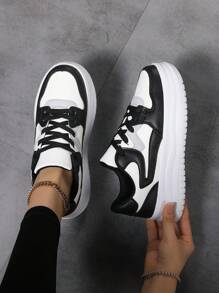 Zapatillas deportivas de mujer en negro y blanco, zapatos casuales de patinar con cordones, suela blanda y gruesa, de corte bajo para caminar, versátiles de base blanca, zapatos para estudiantes - Multicolor - Ver 2