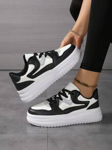 Zapatillas deportivas de mujer en negro y blanco, zapatos casuales de patinar con cordones, suela blanda y gruesa, de corte bajo para caminar, versátiles de base blanca, zapatos para estudiantes - Multicolor - Ver 3