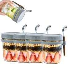4 paquets de bocaux en verre pour avoine overnight de 12 oz avec couvercles et cuillères, grande capacité et hermétiques pour le lait, les céréales et les fruits