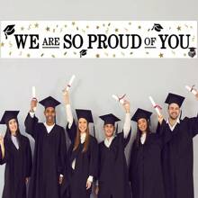 1pc Large Graduation Congratulations Banner 2025 Proud Of You, Graduation Party Supplies Decorations, Grad Celebration Banner, Black White Gold Indoor Outdoor - White - View 4