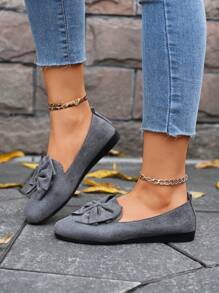 Women's Pointed Toe Flat Slip-On Shoes, Gray Color With Bow Element, Comfortable, Minimalist Modern Street Style, Versatile - Grey - View 2
