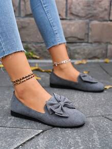 Women's Pointed Toe Flat Slip-On Shoes, Gray Color With Bow Element, Comfortable, Minimalist Modern Street Style, Versatile - Grey - View 6
