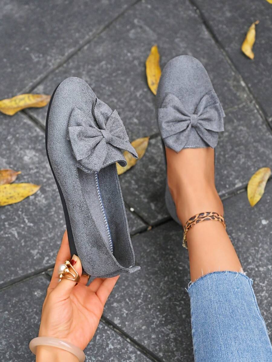 Women's Pointed Toe Flat Slip-On Shoes, Gray Color With Bow Element, Comfortable, Minimalist Modern Street Style, Versatile - Grey - View 1