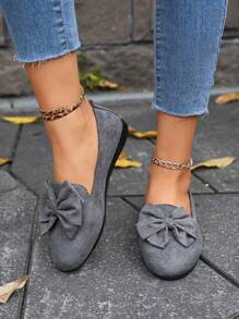 Women's Pointed Toe Flat Slip-On Shoes, Gray Color With Bow Element, Comfortable, Minimalist Modern Street Style, Versatile - Grey - View 4