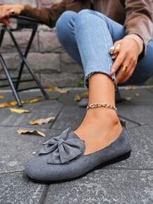 Women's Pointed Toe Flat Slip-On Shoes, Gray Color With Bow Element, Comfortable, Minimalist Modern Street Style, Versatile - Grey - View 5