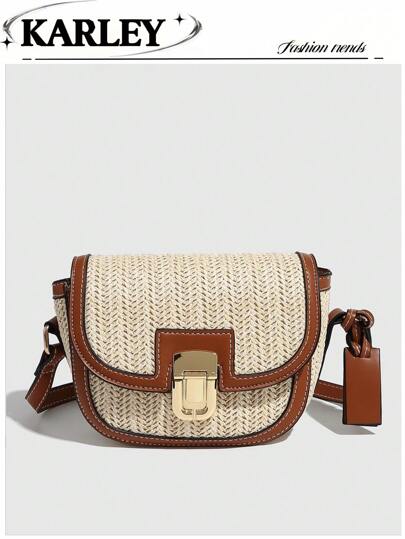 时尚帆布拼接撞色小包，多功能女士锁扣方形/圆形斜挎包，适合女孩、女士、学生、年轻职业人士、上班族、通勤、学校郊游等场合。