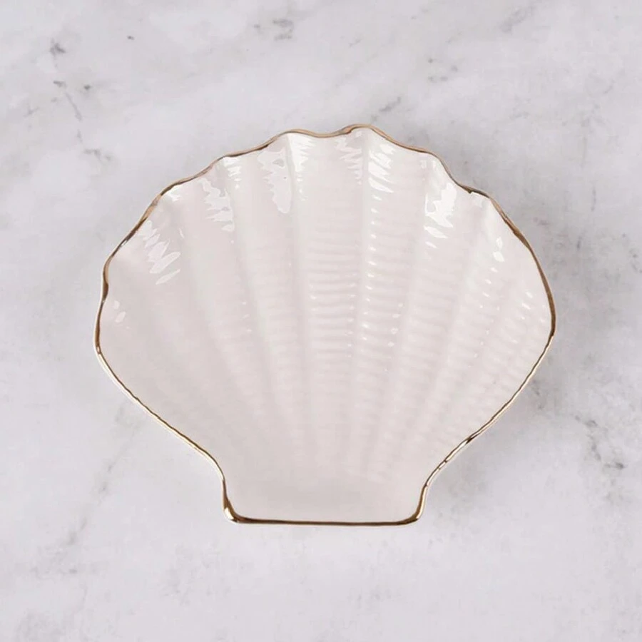 Ceramic Shell Jewelry Dish Jewelry Plate Ceramic Serving Tray Seashell Dinner Plate Jewelry Ring Dish Storage Tray Gifts For Women Back To School, Room Decor - Beige - View 1