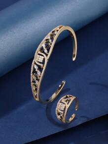 Bộ trang sức 2 chiếc vòng tay và nhẫn có thể điều chỉnh, với những viên đá Cubic Zirconia đầy màu sắc được lát thiết kế trang nhã, thích hợp làm quà tặng và trang phục hàng ngày cũng như lễ hội của các quý cô - màu vàng - Xem 9
