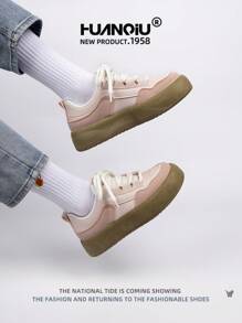 HUANQIU 环球女士时尚百搭厚底休闲运动鞋，舒适时尚的女士运动鞋，适合所有季节，粉色和彩色，学生休闲平底鞋 - 粉色 - 查看 10