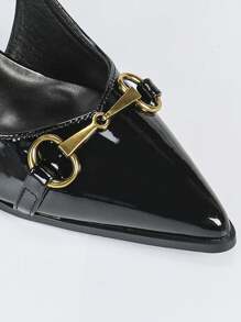 Women's Black Versatile Metal Buckle Closed Toe Slingback Stiletto High Heel Shoes, Slim And Elegant - Black - View 8