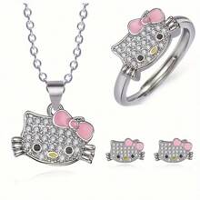 Sanrio Sanrio Hello Kitty 3-Piece Jewelry Set, Cute Alloy Necklace, Earrings And Open Ring, Fashionable Couple Gift For Christmas, Halloween, New Year, Valentine's Day, Birthday, Jewelry Accessories For Women