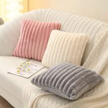 Faux Rabbit Fur Square Cushion Cover Big Thick Striped Super Soft Solid Color Pillow Cover 45x45cm Sofa Decor Cushion Cover - 粉色 - 查看 2