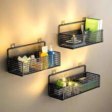 Bathroom Organiser Multifunctional Toiletries Organiser No-Punch Bathroom Shelf Bathroom Kitchen Wall Mount Storage Rack - Black - View 2