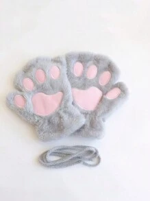 1 Pair Women's Beige Furry Cat Paw Fingerless Gloves, Animal Style Gloves Warm & Fashionable For Autumn/Winter - Beige - View 8