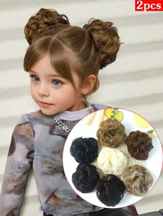 2 件儿童发髻卷发波浪发片合成卷发，短发接发适合儿童佩戴假发、甜甜圈、发束、女孩发饰和头带；