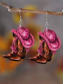 1 Pair Fashionable New Wooden Western Style Earrings With Pink Cowboy Hat & Boot Pendants, Suitable For Women's Daily Wear - Multicolor - View 10