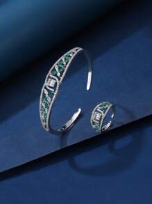 Bộ trang sức 2 chiếc vòng tay và nhẫn có thể điều chỉnh, với những viên đá Cubic Zirconia đầy màu sắc được lát thiết kế trang nhã, thích hợp làm quà tặng và trang phục hàng ngày cũng như lễ hội của các quý cô - màu vàng - Xem 4