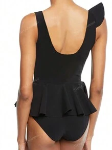 Traje de baño de una pieza de un solo color a la última moda para mujeres, estilo ajustado y sexy con volantes asimétricos, diseño con control de abdomen, escote en V para vacaciones en la playa o la piscina en verano