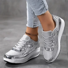 Silver Women's Casual Sport Shoes Sequin Breathable Platform Athletic Sneakers For Summer