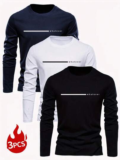 3 Pcs/Set Men's Casual Daily Minimalist Letter Print Long Sleeve T-Shirts, Autumn