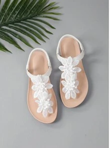 Sandalias planas con correa elástica cómodas y suaves con flores de encaje hechas a mano de estilo bohemio para mujer, nuevas para el verano
