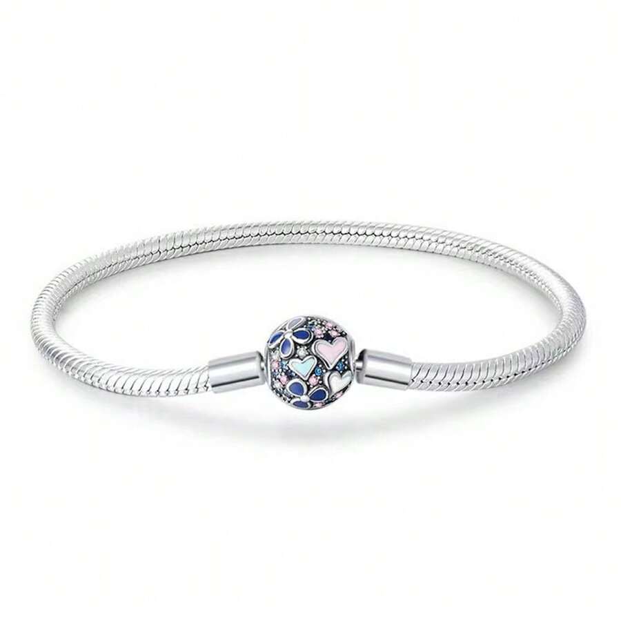 New S925 Pure Silver Round Ball, Heart, Butterfly, Fully Embedded Rhinestone Snake Bone Chain Bracelet, Suitable For Original DIY Bracelets, Fashionable Elegant Jewelry Gift For Women Birthdays - Pan's Bracelet - View 1
