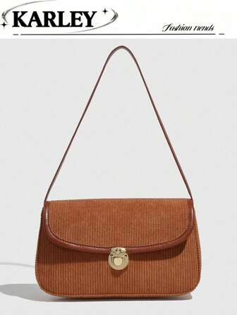 时尚复古灯芯绒棕色方形单肩包、手提包、锁扣腋下包、百搭法棍风格，适合工作、商务、通勤、户外、旅行