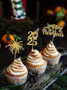 12 peças de decorações de bolo de ano novo 2025 - decoração de madeira para feriados com fogos de artifício, champanhe e designs de relógio para decorações de festa de ano novo