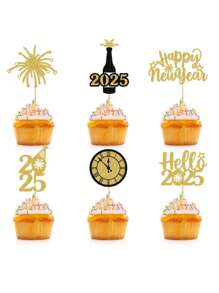 12 peças de decorações de bolo de ano novo 2025 - decoração de madeira para feriados com fogos de artifício, champanhe e designs de relógio para decorações de festa de ano novo
