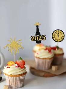12 peças de decorações de bolo de ano novo 2025 - decoração de madeira para feriados com fogos de artifício, champanhe e designs de relógio para decorações de festa de ano novo