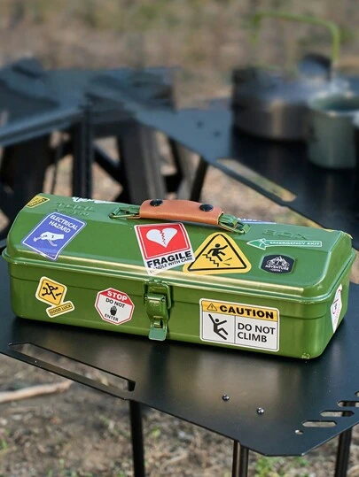 1pc 1pc 户外工具收纳箱便携式露营野餐手提箱金属工具收纳箱杂物收纳箱带手柄户外露营工具箱带贴纸杂物收纳箱便携式手持金属收纳箱户外露营工具箱带贴纸杂物收纳箱露营便携手提式便携式金属收纳箱